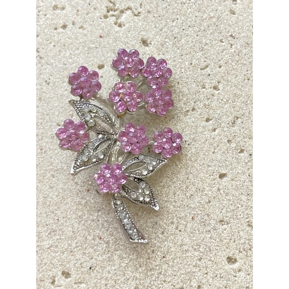 Vintage Pink‎ Rhinestone Flower Spray Brooch Silver Tone Floral Spring Romantic